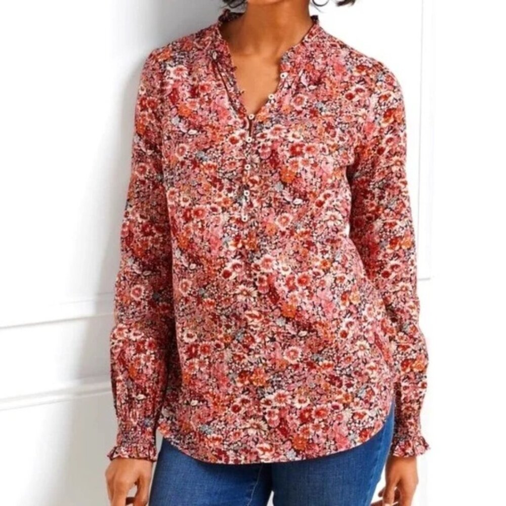 3/$25‎ Talbots Floral Print Ruffle Trim Popover Tunic Top XS Long Sleeve Pink